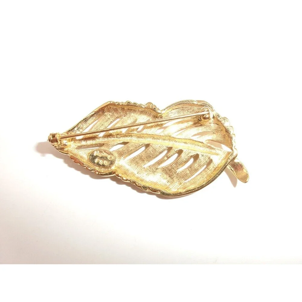 Vintage Napier Leaf or Feather Pin Brooch Gold Tone Open Work Signed F90 2.25 in